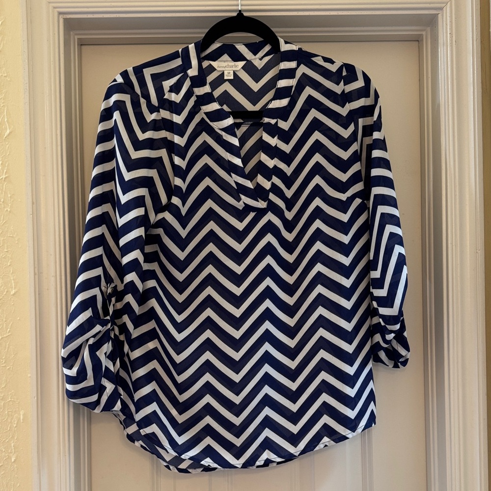 Charming Charlie Navy and White Chevron Blouse